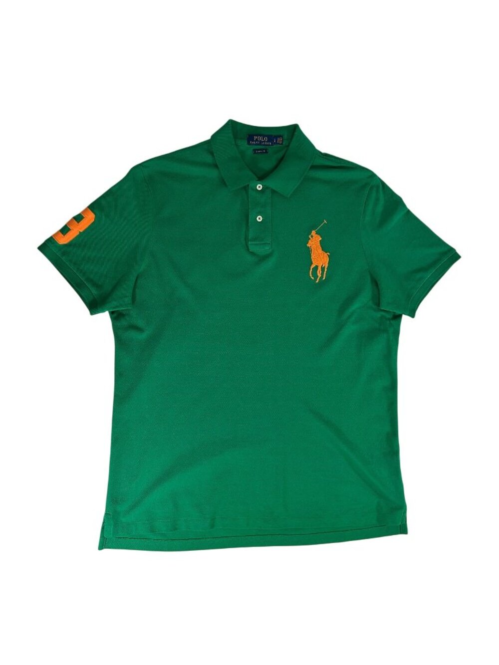 Ralph Lauren POLO Shirt Green w Orange BIG PONY 3 Mens Size LARGE Classic Fit